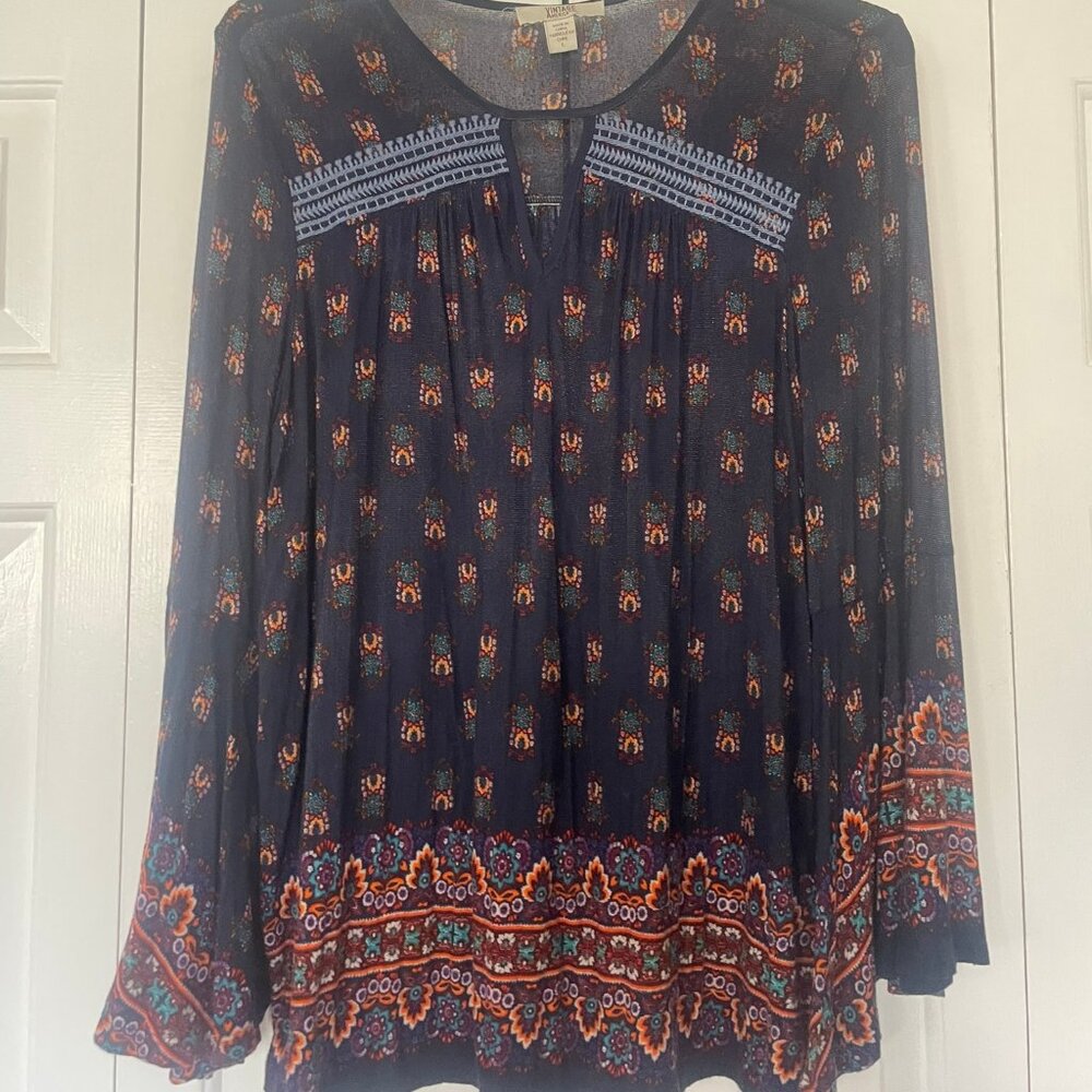 Vintage America Bohemian Navy and Orange Patterned Blouse Whimsigoth